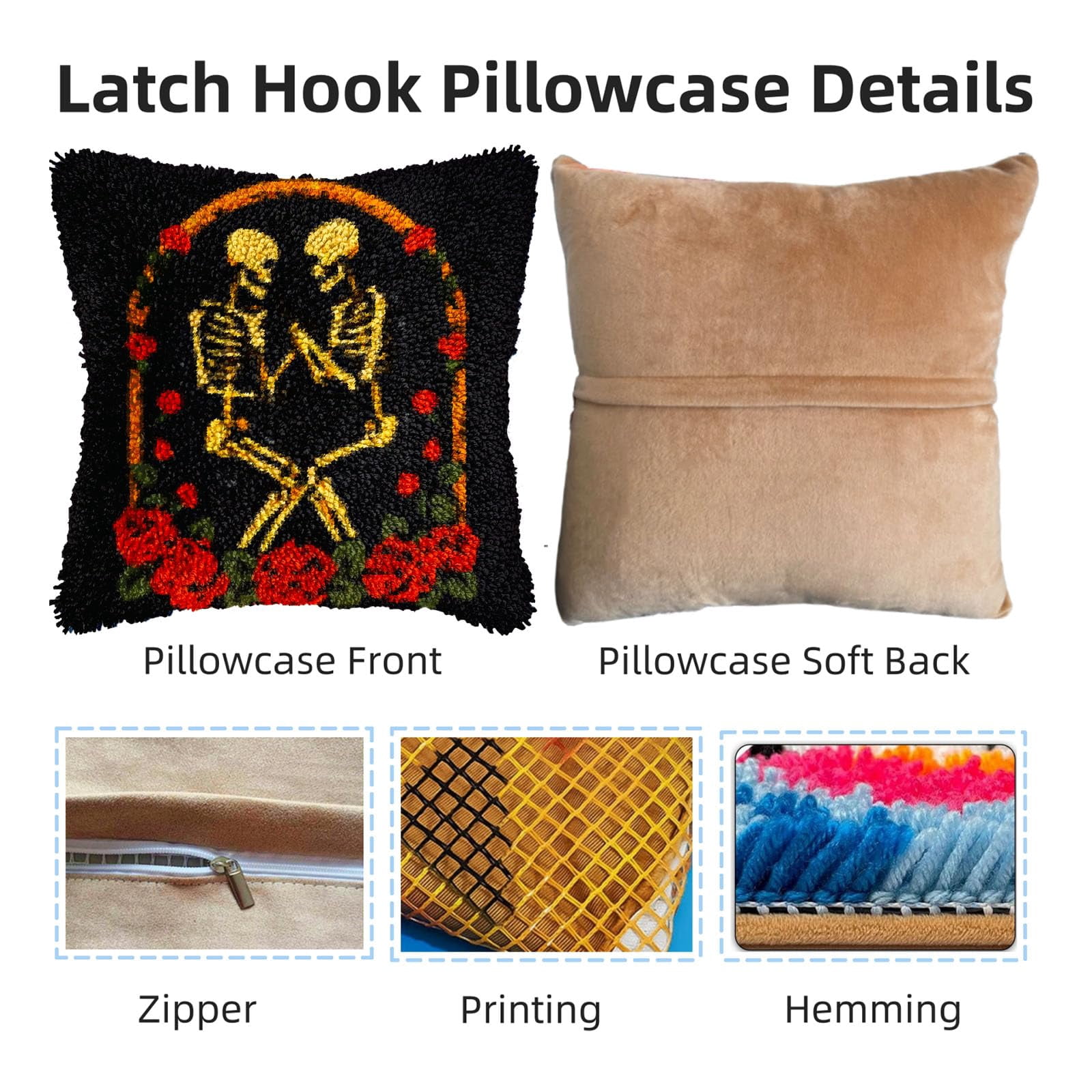 Skeleton Lover Couple and Rose DIY Latch Hook Pillow Kits for Adults Printed Pillowcase Crochet Yarns Hooking Handmade Pillow Cover Cushion for Home Sofa Decoration 17x17inch(1)