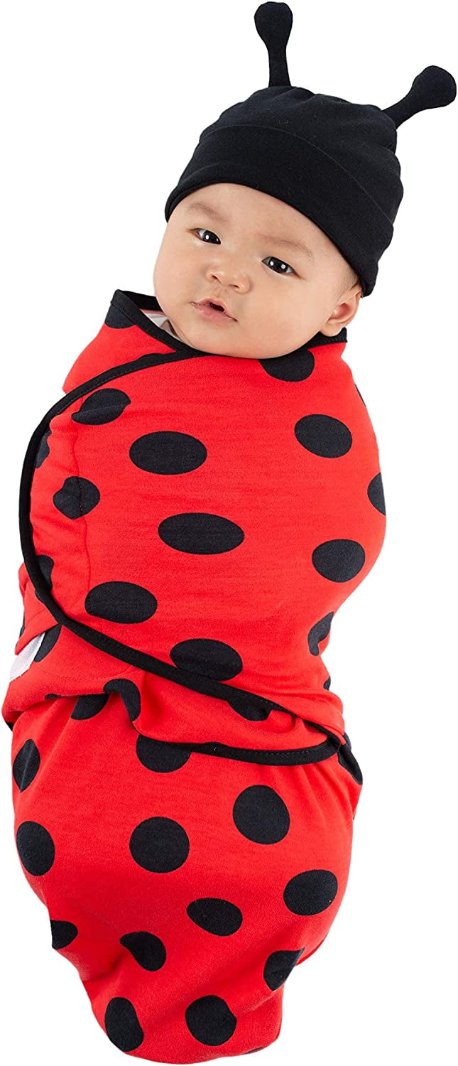 Cuddle Club Baby Wrap Swaddle Blanket Sleep Sack with Novelty Beanie Hat, Lady Bug Small