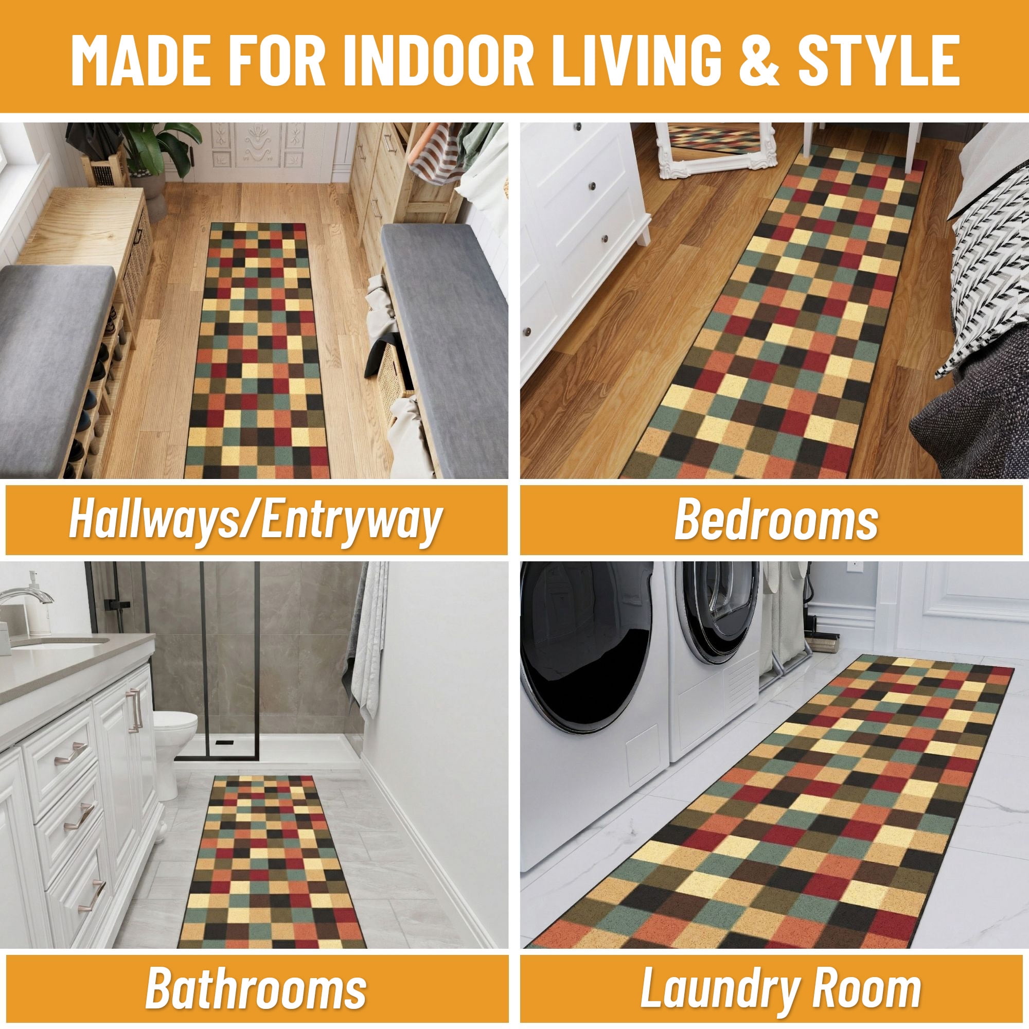 Ottomanson Extra Long Runner Rug 1'10.5" x 27' – Non-Slip Low Pile Hallway Carpet, Checkered Multicolor