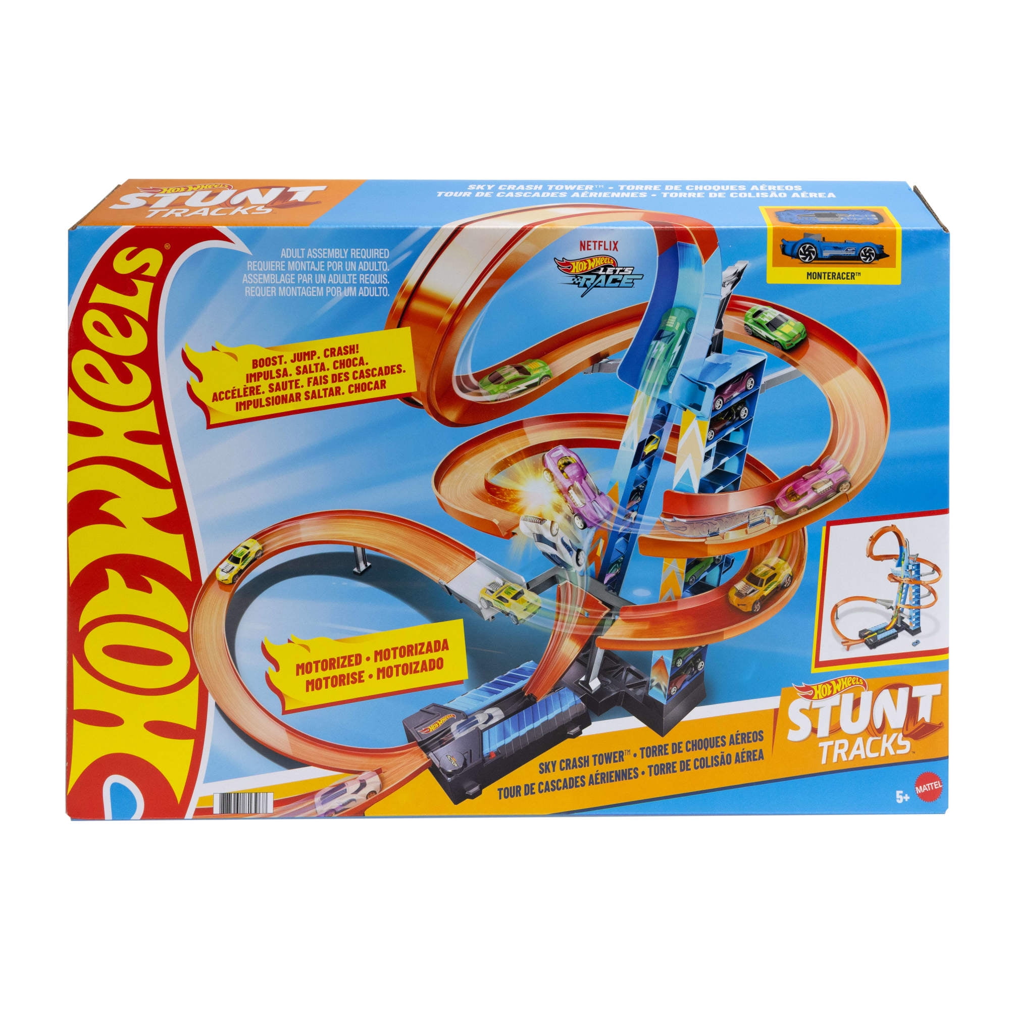 Hot Wheels Sky Crash Tower Motorized Track Set with Toy Car, Stores 20+ 1:64 Scale Cars, 27.95 in