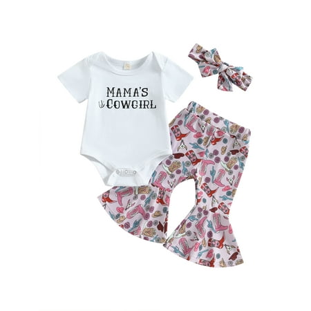 

Western Baby Girl Clothes Short Sleeve Romper Cow Print Flared Pants Bell Bottoms Headband 3Pcs Summer Outfit