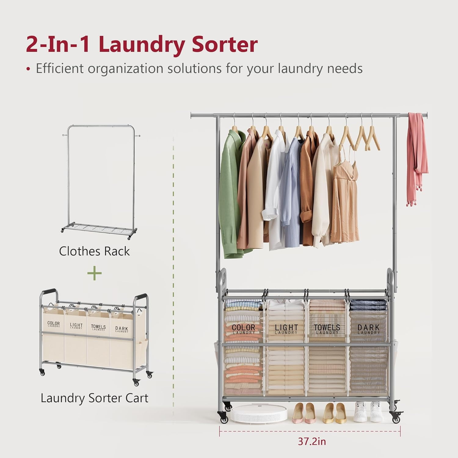 Laundry Hamper with Hanging Rack, Laundry Sorter 4 Sections, 4 Basket Butler with Lockable Wheels and Removable Bag, Rolling Laundry Cart for Bedroom, Beige