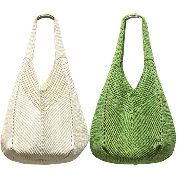 2 Pack Women's Crochet Shoulder Bag, Boho Knit Tote with V-Pattern Texture, Soft Summer Beach Purse for Vacation, Daily Use and Shopping