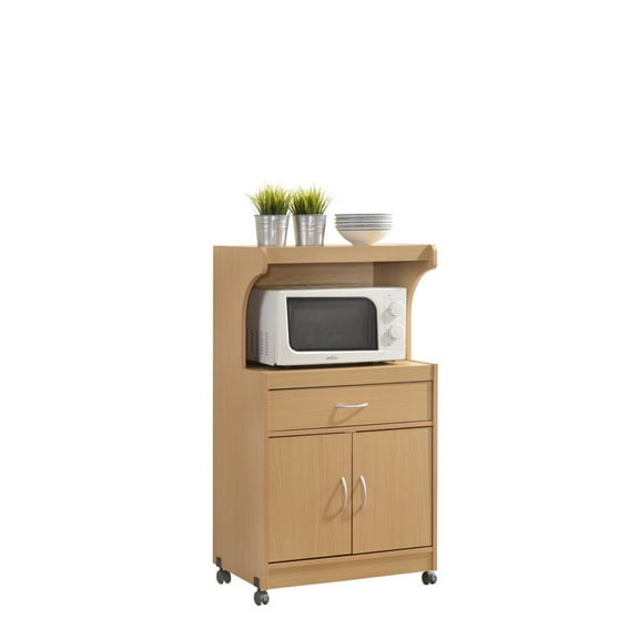 Maykoosh Old World Charm Modern Indoor Microwave Kitchen Cart With Wheels and Pull-Out Drawers, Storage And Shelf, 15.75 x 24.00 x 45.20 Inch, Maple Finish