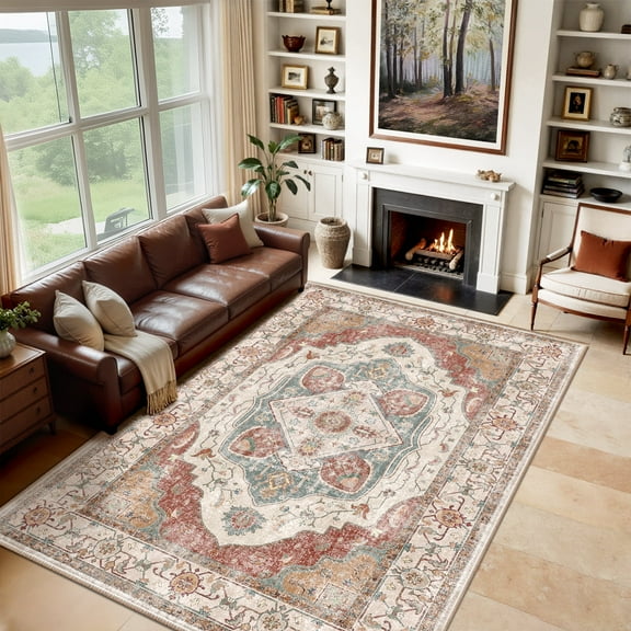 NewBuros 8'x10' Area Rugs for Living Room, Washable Non-Slip Vintage Tribal Print Rugs, Soft Low Pile Stain Resistant Carpet for Bedroom Dining Room, Brick Red