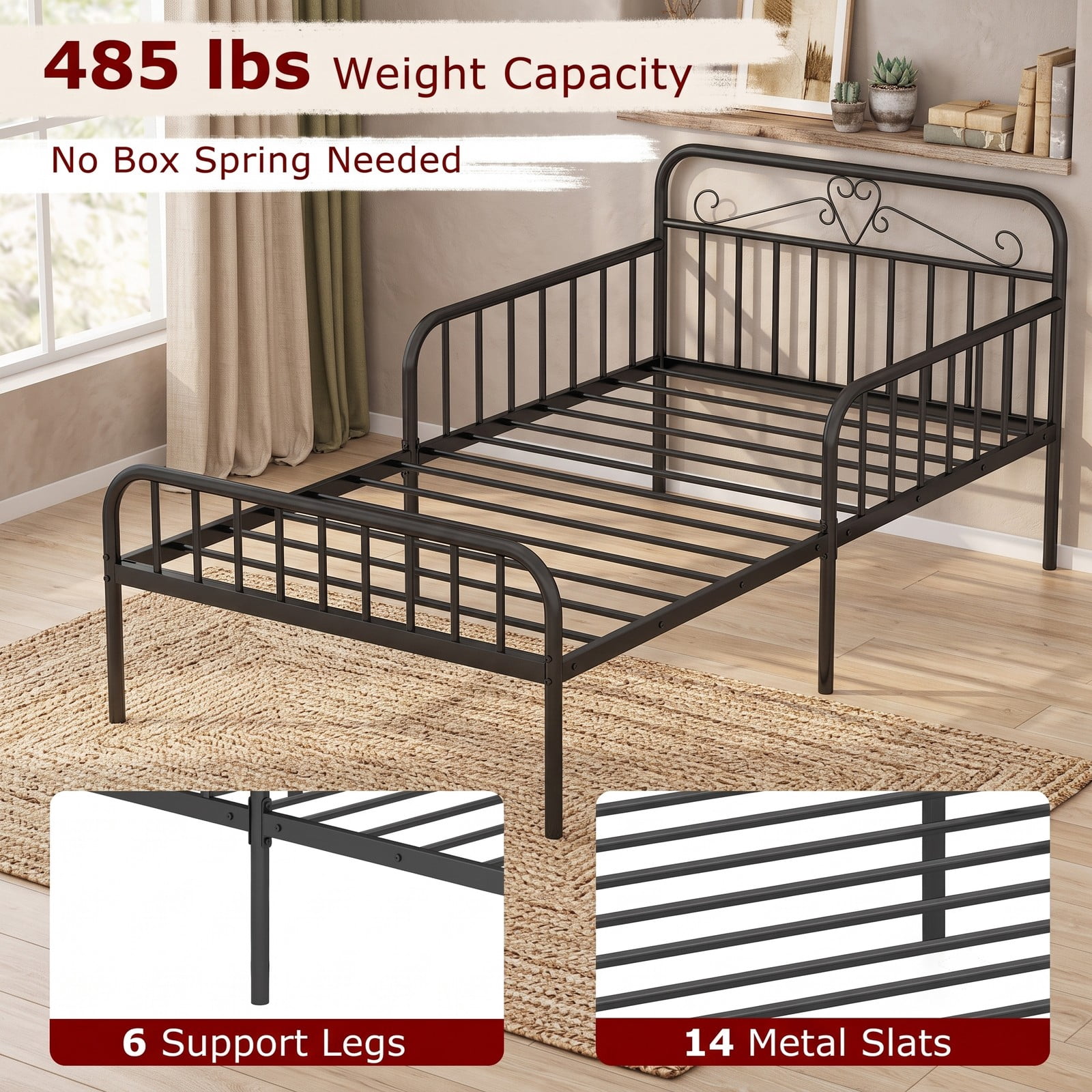 Furnibear Twin Size Metal Kids Bed Frame with Headboard and Safety Side Guardrails for a Boys and Girls Toddler Bedroom, Black