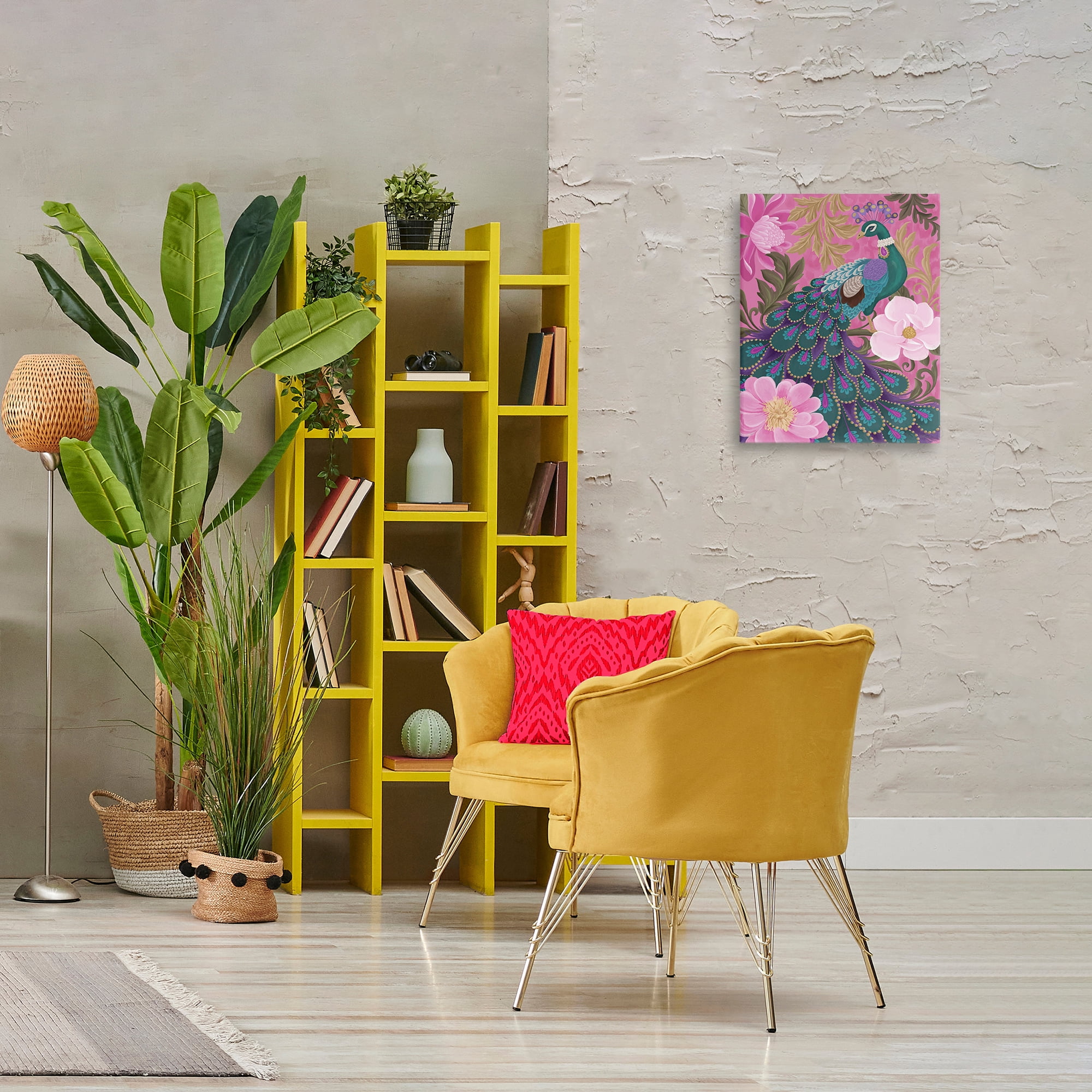 Stupell Industries Peacock & Pink Blossoms Animals & Insects Painting Gallery Wrapped Canvas Art Print Wall Art, 16 x 20