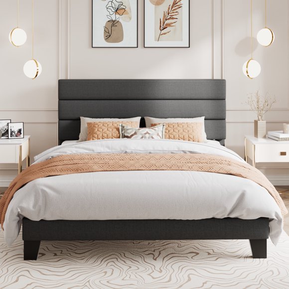 Amolife Cadre de Lit Grand, Cadre de Lit Plateforme avec Tête de Lit Rembourrée en Tissu, Gris Foncé