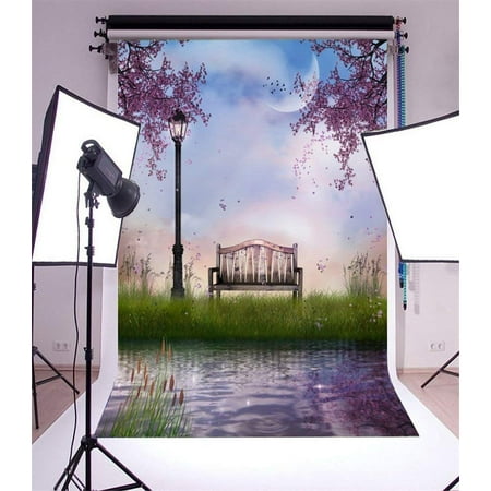 Image of ABPHOTO 5x7ft Photography Backdrop Dreamland Garden Wooden Chair Traffic Lights Grass Field Flowers Moon Night River Fantasy Landscape Photo Background Backdrops