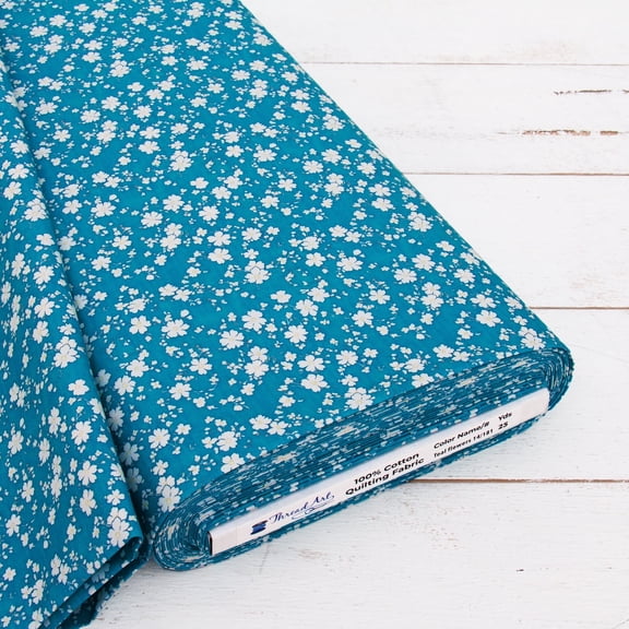 Threadart Cotton Quilting Fabric Sold By The Yard - Vintage Threads Collection - 44" Width - 100% Cotton - Quilting, Sewing, Crafts - Teal Flower