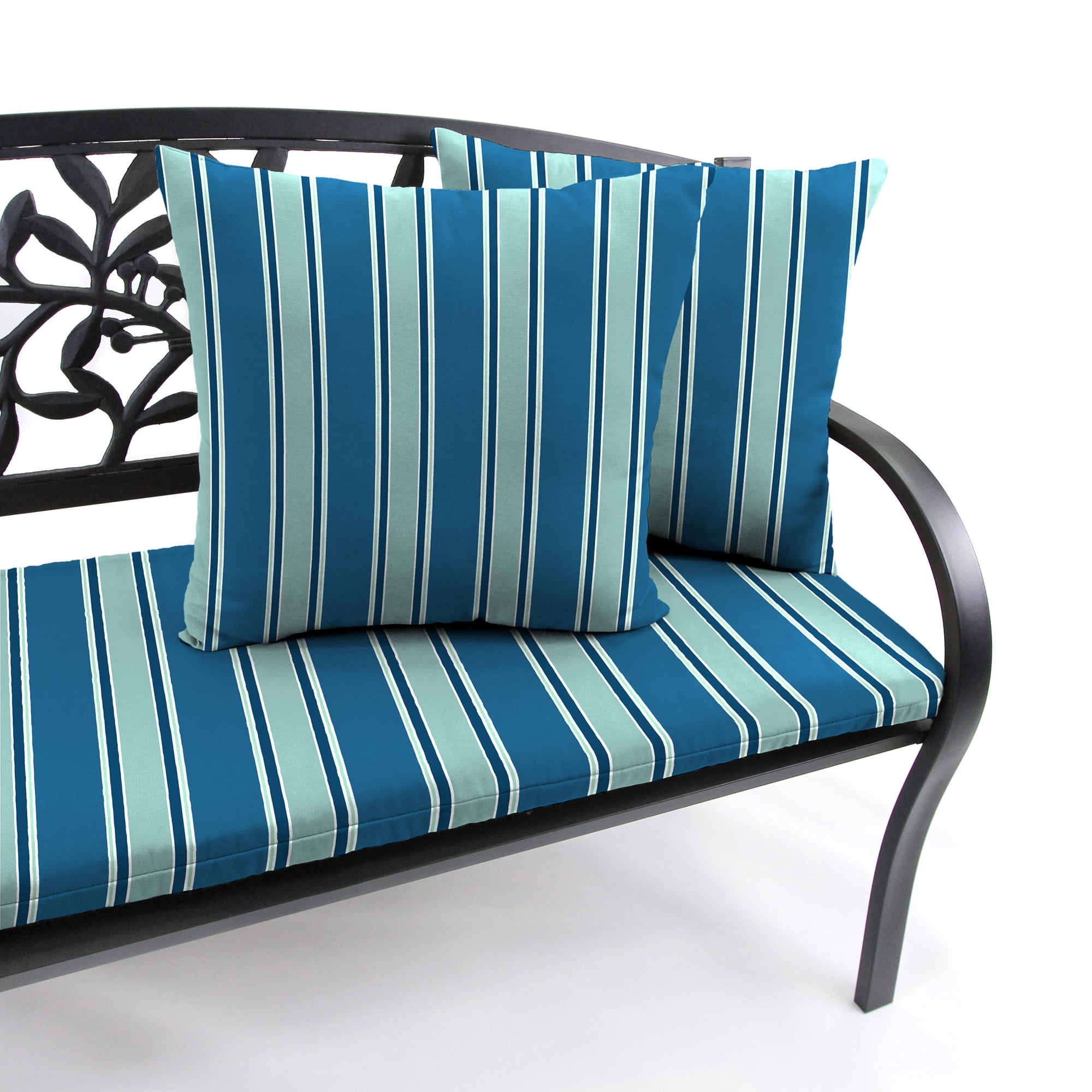Jordan Manufacturing 16" x 16" Sanders Puff Blue and Gray Green Stripe Square Outdoor Throw Pillow (2 Pack)