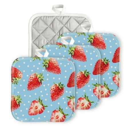 

BaHomeck Pot Holders 4pcs dacron Made Square heat-resisting mat Machine Washable for Kitchen Oven Hot Pads 6.7inch*6.7inch Polka Dot Background With Strawberries