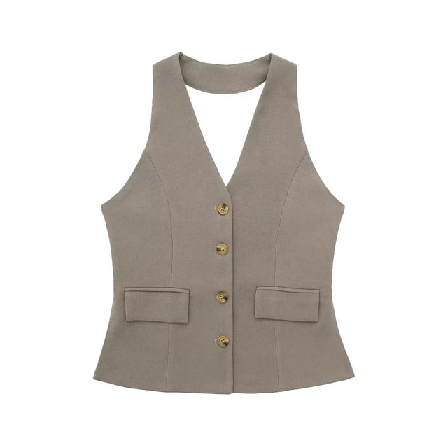 TRAF-Conjunto de 2 piezas con cuello Halter para mujer, chaleco sin mangas con bolsillo de una sola botonadura, Tops + bolsillos con cremallera de cintura alta, pantalón de pierna ancha