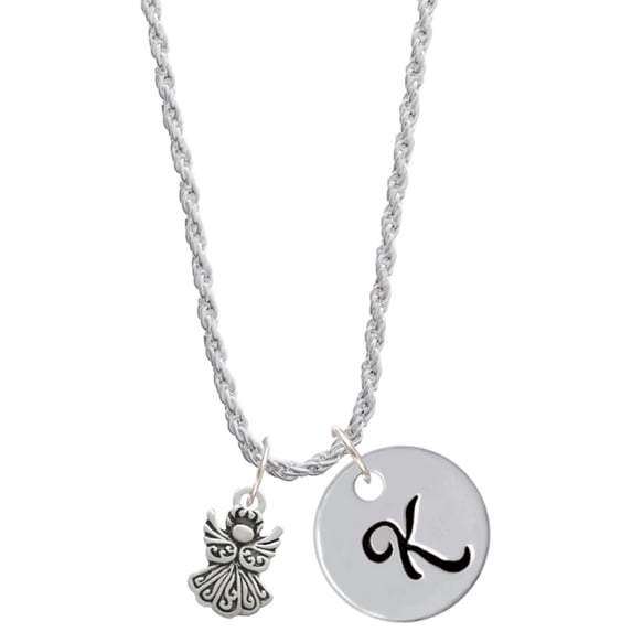 Delight Jewelry Silvertone Small Angel Silvertone Script Initial Disc - K - Charm Necklace, 20"+3"