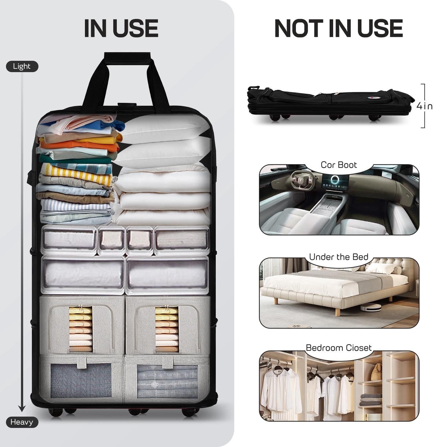40" Expandable Foldable Luggage Bag Suitcase with 6 Swivel Wheels Collapsible Rolling Travel Bag for Home Storage Moving,Black - EX