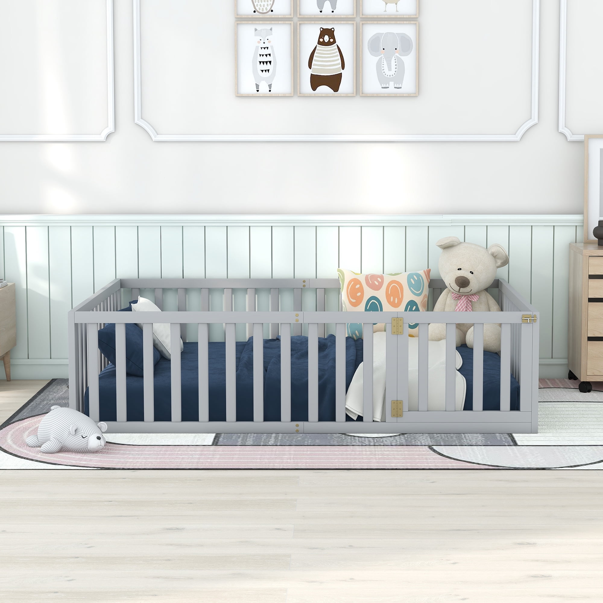 Bellemave Queen Size Floor Bed with Fence and Door, Wood Montessori Bed Frame, Floor Bed Frame, Slats Not Included (Queen,Gray)