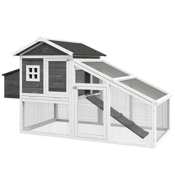 69" Wooden Chicken Coop with Large Outdoor Run, Fir Wood Hen House with Nesting Box, Removable Tray and Ramp, Grey Outdoor Enclosure for Chickens, Ducks, and Small Animals