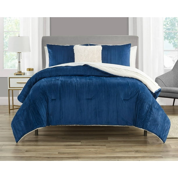 Mainstays Crushed Velvet 4 Piece Comforter Set, Full/Queen, Blue