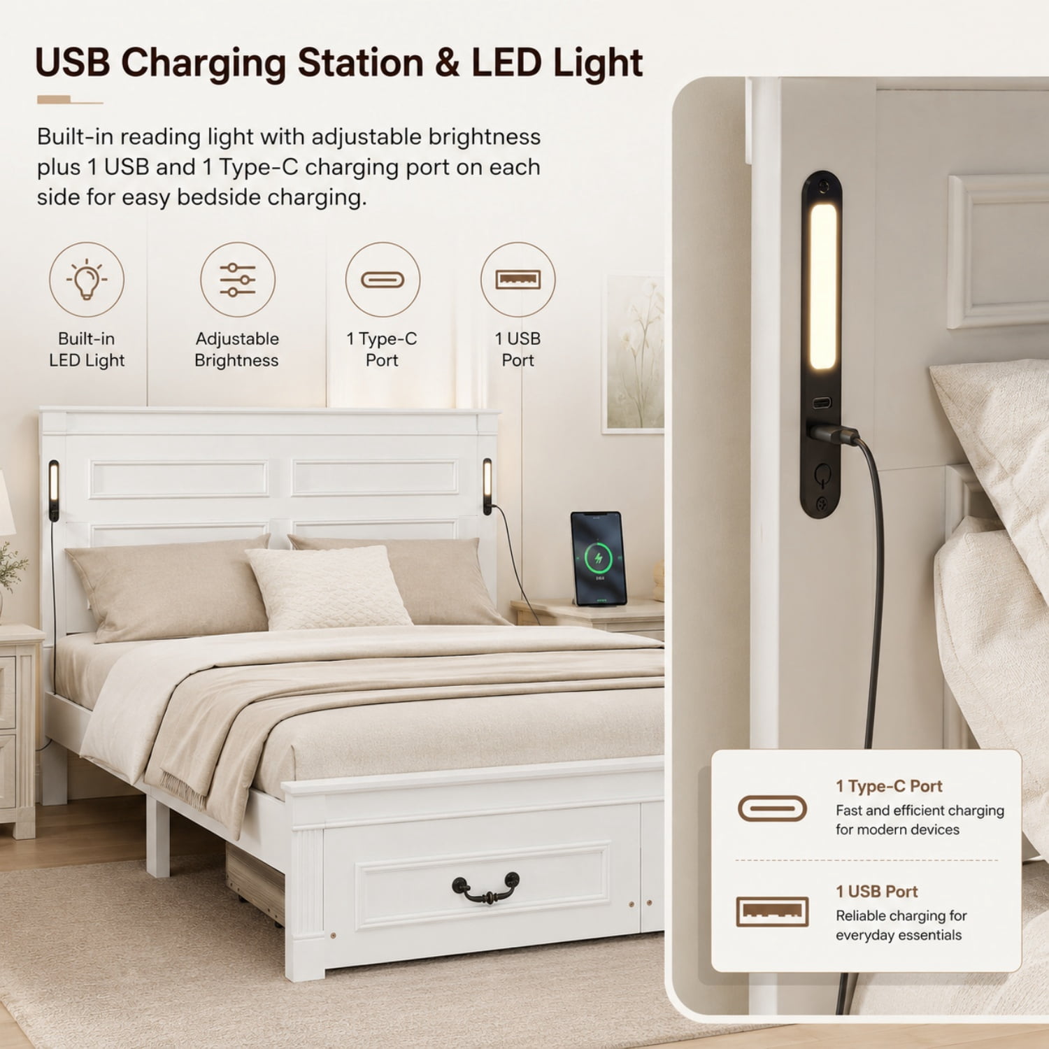 Miniyam Queen Farmhouse Storage Bed Frame with LED Headboard, USB & Type-C Charging, 2 Drawers, White