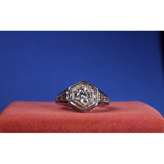 Hexagon Shape Engagement Ring, Simple Solitaire Diamond Engagement Ring, Filigree Shank Ring, Promise Ring For Girlfriend, 925 Sterling Silver, 1.8 Ct Round Simulated Diamond