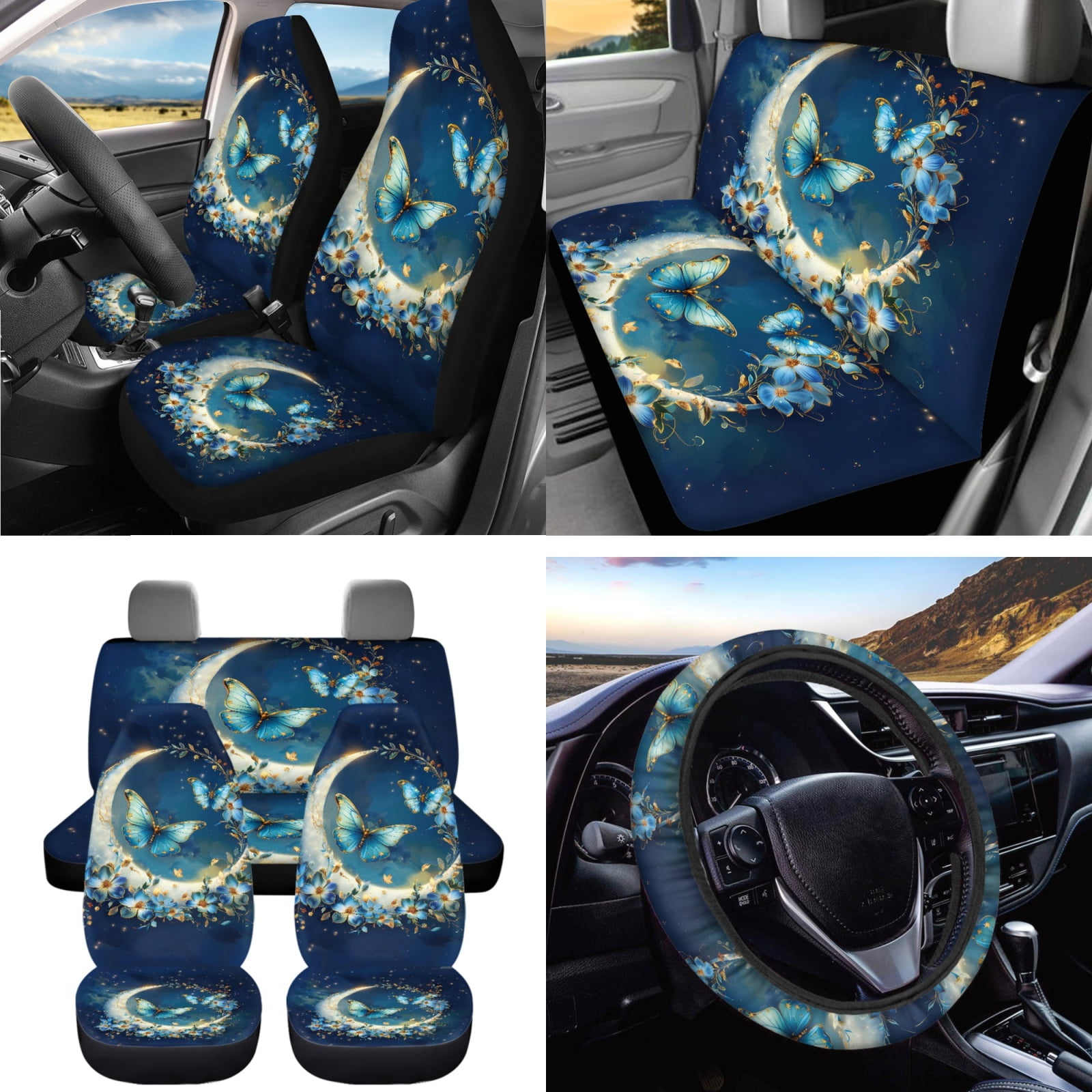 Jeiento Moon Butterfly 15 PCS Car Accessories Universal Auto Seat Protector Steering Wheel Cover Seatbelt Strap Pad Trash Can Mount Storage Pocket Cup Holders Rearview Mirror Cover Keychain