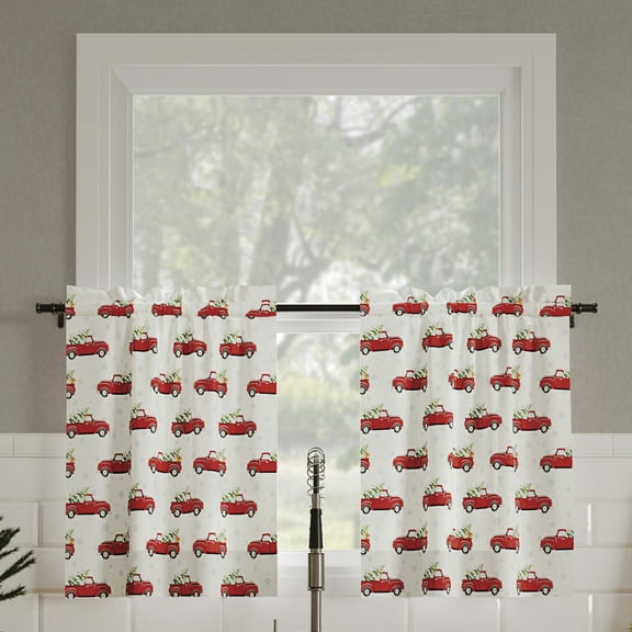 No. 918 Christmas Pickup Truck 2-Piece Semi-Sheer Rod Pocket Kitchen Curtains, 54"x24", Holiday Red
