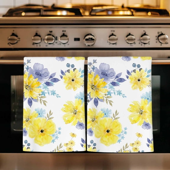 Yellow Watercolor Floral Kitchen Towels Set of 1, Spring Flower Abstract Art Absorbent Dish Towels for Kitchen, Microfiber Hand Towel, Quick Drying Tea Towel for Cleaning Decorative Dishcloths