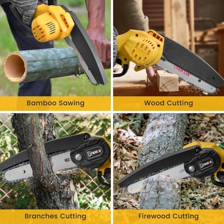 YAHHU 6 INCH MINI CHAINSAW WITH 21V BATTERY POWERED, CORDLESS HANDHELD ELECTRIC CHAINSAW YELLOW, NEW