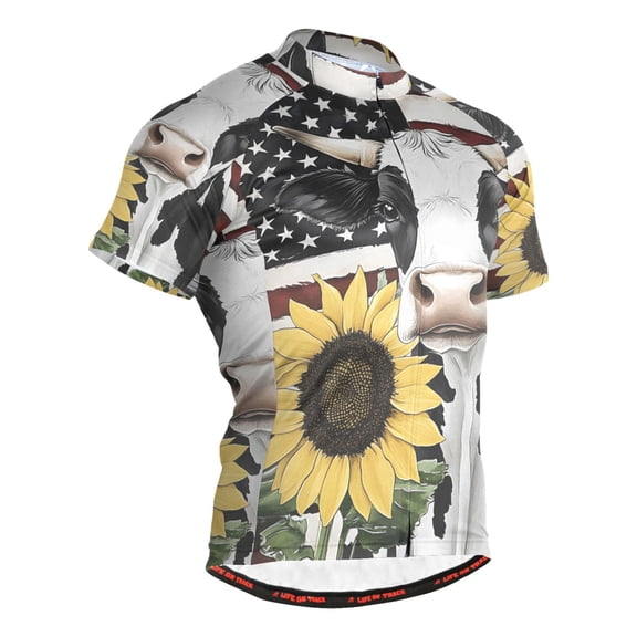 joogoo Cow with Flag Sunflower Pattern Men's Cycling Jerseys Mountain Bike Short Sleeve Tops L