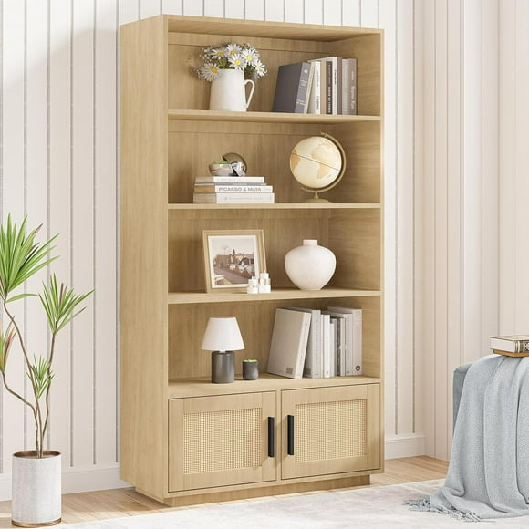 ChaoLink Librero bohemio con puertas de ratán, estantería de 5 niveles, librero de madera con almacenamiento, estantería alta para sala y dormitorio