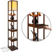 Brightech Maxwell Standing Tower Floor Lamp w/ Shelves and Drawers, Havana Brown