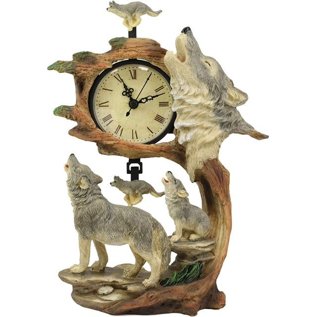 Ebros Howling Gray Wolves Family Table Clock with Pendulum 10.5" Height Decor