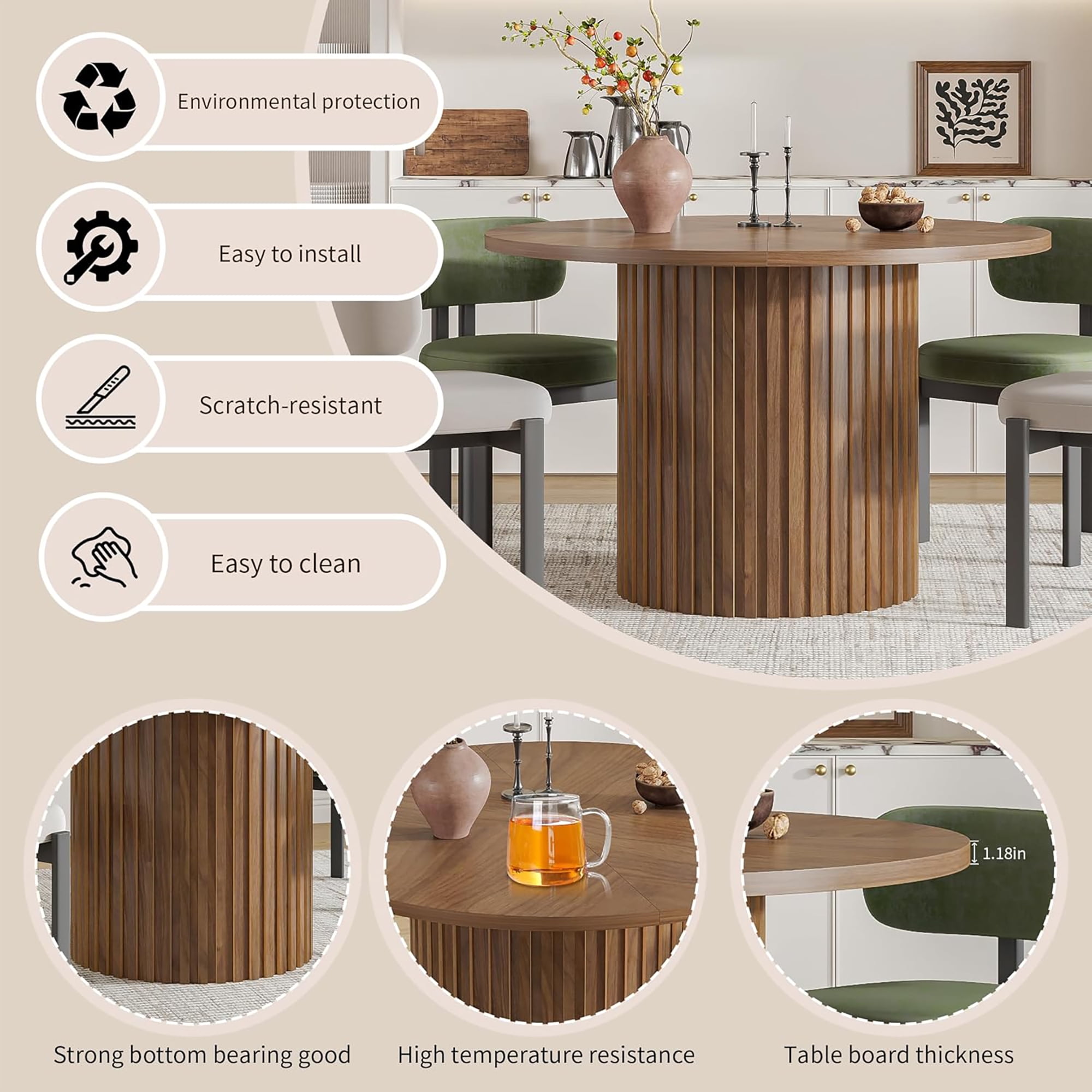 Modern Round Dining Table, 47 Inch Small Circle Kitchen Tables for 4-6, Wood Strip Base, Farmhouse Table for Kitchen, Dinning Room, Walnut