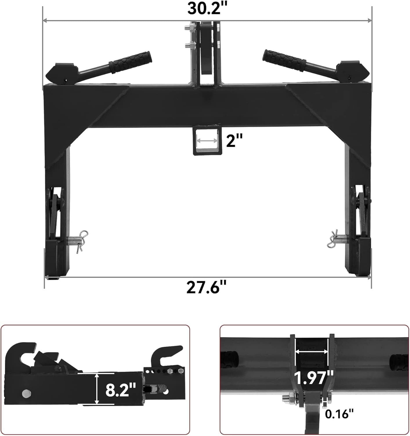 Uforic Category 1 Tractor 3 Point Quick Hitch, 3000 LBS Heavy Duty 3-Point Hitch Adapter with 5-Position Adjustable Hook & 2 Inch Trailer Receiver, Black
