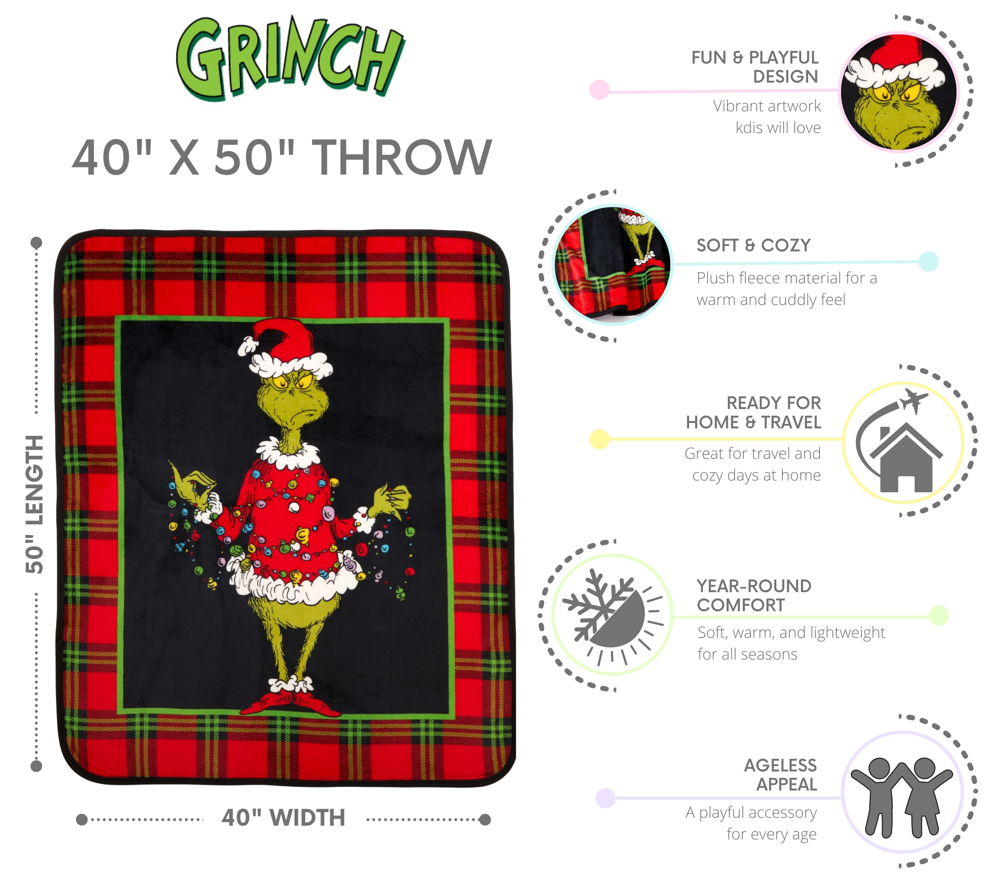 Grinch Kids Plaid Silky Soft Throw Blanket, 40x50