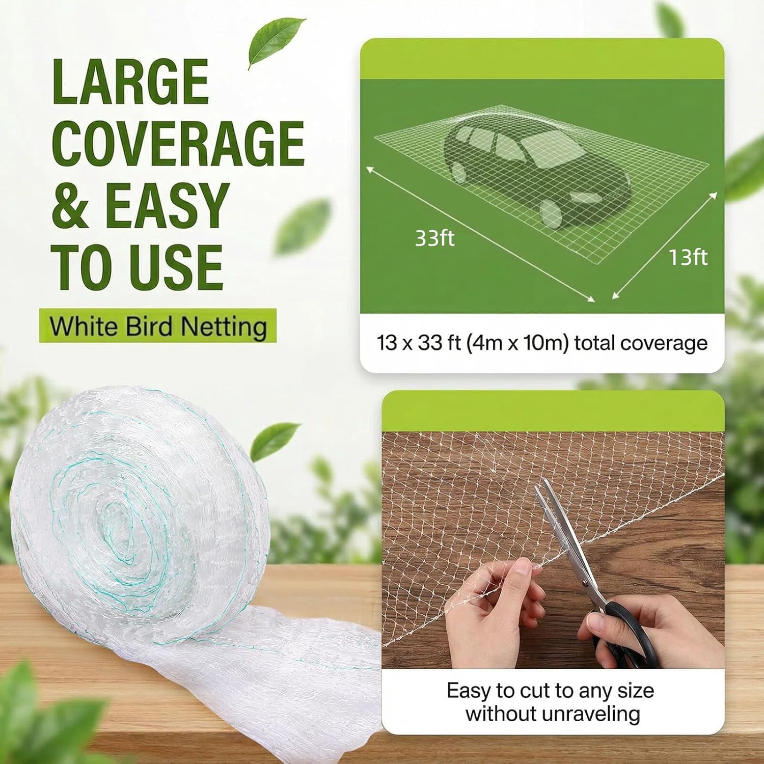 33 x13 Ft Bird Netting for Garden Tree and Plant Protection with 1 Inch Mesh Net Anti Chicken Deer White