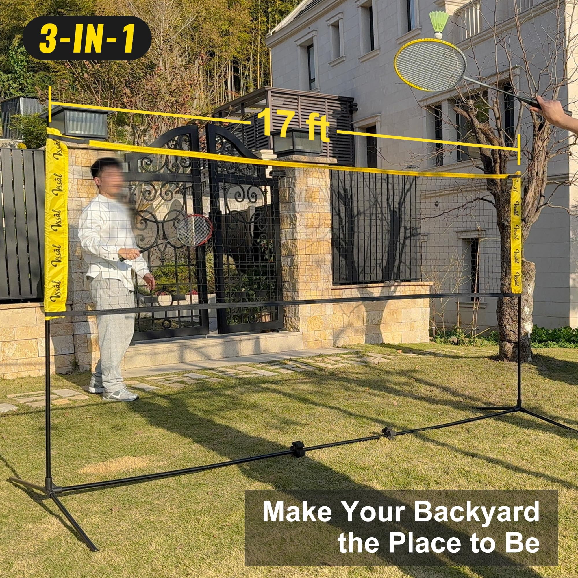 3-in-1 Portable Badminton  Volleyball & Pickleball Net Set For Adults Adjustable Height 34"-7 Ft Backyards Or Beach Outdoor Sports Combo With Carry Bag Rackets Paddles Balls