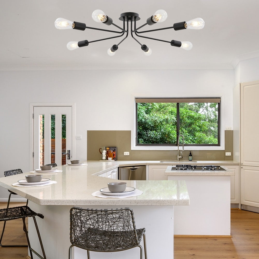 VINLUZ Farmhouse Ceiling Light Black Finish Sputnik Semi Flush Mount Black - 6-lights