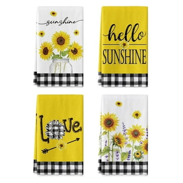 Sm:)e Sunflower Hello Sunshine Summer Kitchen Towels 18x26 Inch Set of 4 Black Buffalo Plaid