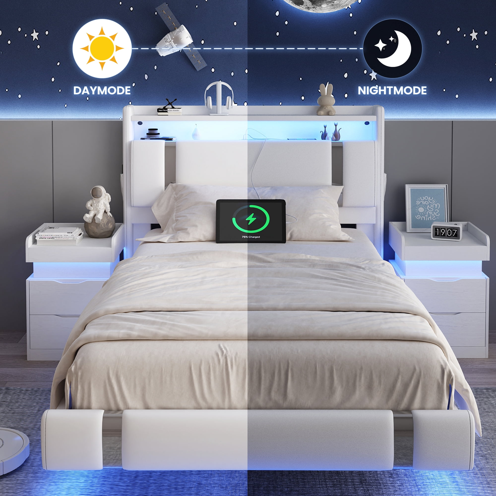 IDEALSOUL Twin Size Floating Bed Frame with Upholstered Storage Headboard, Metal Platform Bed with Charging Station & LED,No Box Spring Needed,Easy to Assemble (Twin,White)