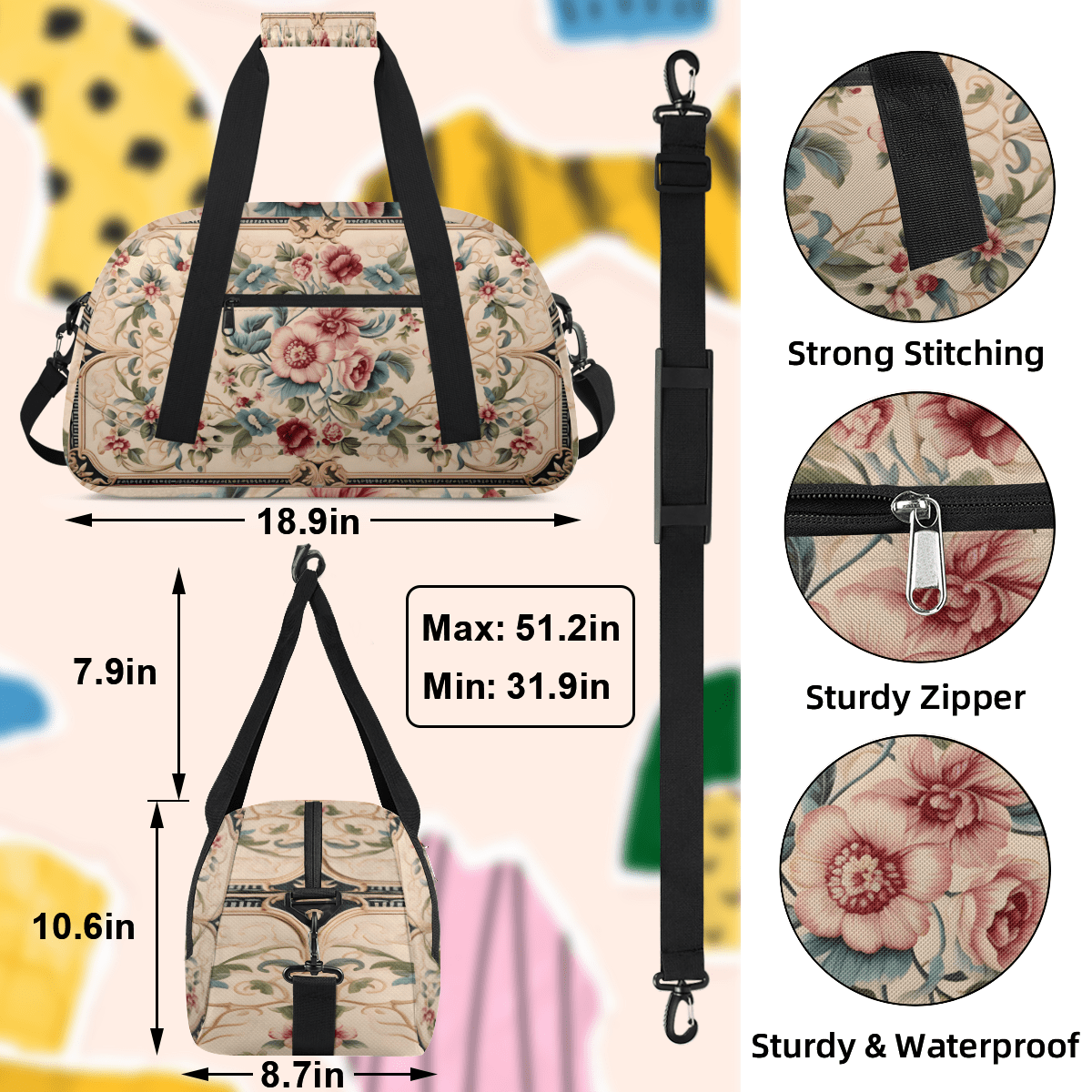 Herdesigns Sports Duffle Bags Travel Duffle Bag Gym Bag Vintage Floral Boho Weekender Travel Bag Waterproof Overnight Bag Carry On Travel Tote Bag Dance Bags