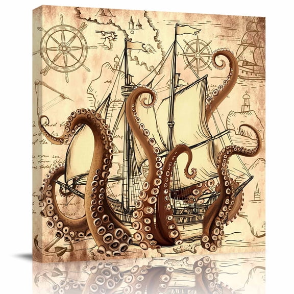 Wall Art Prints, Vintage Octopus Framed Canvas Prints for Bedroom Living Room Bathroom Office, Beige Nautical Coastal Retro Gallery Wrap Wall Art Poster for Gifts Home Decor 12"x12"