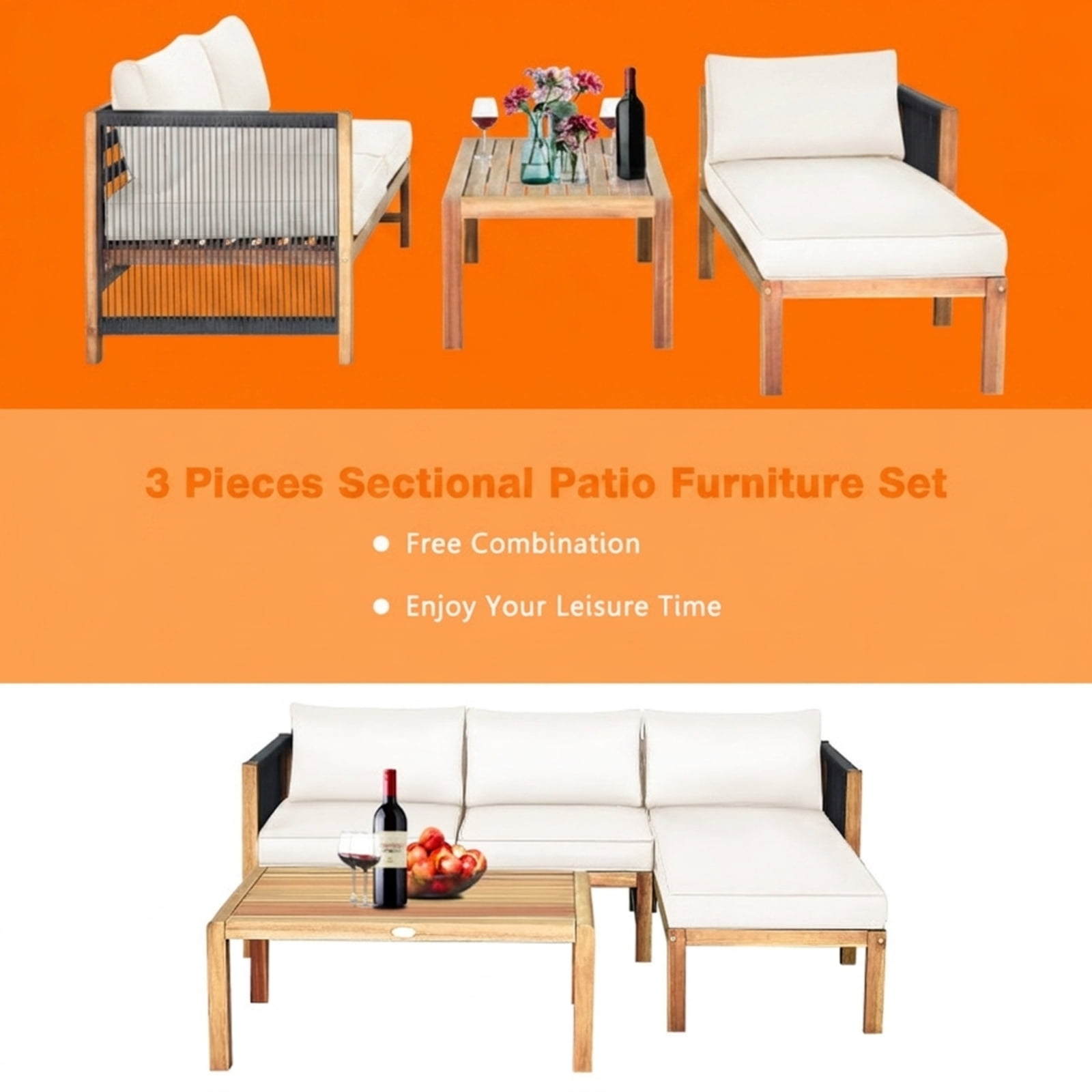 Furnibear 3 Pieces Patio Furniture Set Outdoor Acacia Wood Conversation Sofa Set with Nylon Rope Armrest and Thick Padded Cushions for Backyard Garden Deck, White