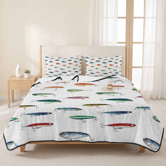 3 Pieces Queen Quilt Set,Watercolor Fishing Hook Soft Bedding Sets with 1 Quilt & 2 Pillow Shams,Colorful Fish Summer Bedspread Lightweight Coverlet Comforter for All Season