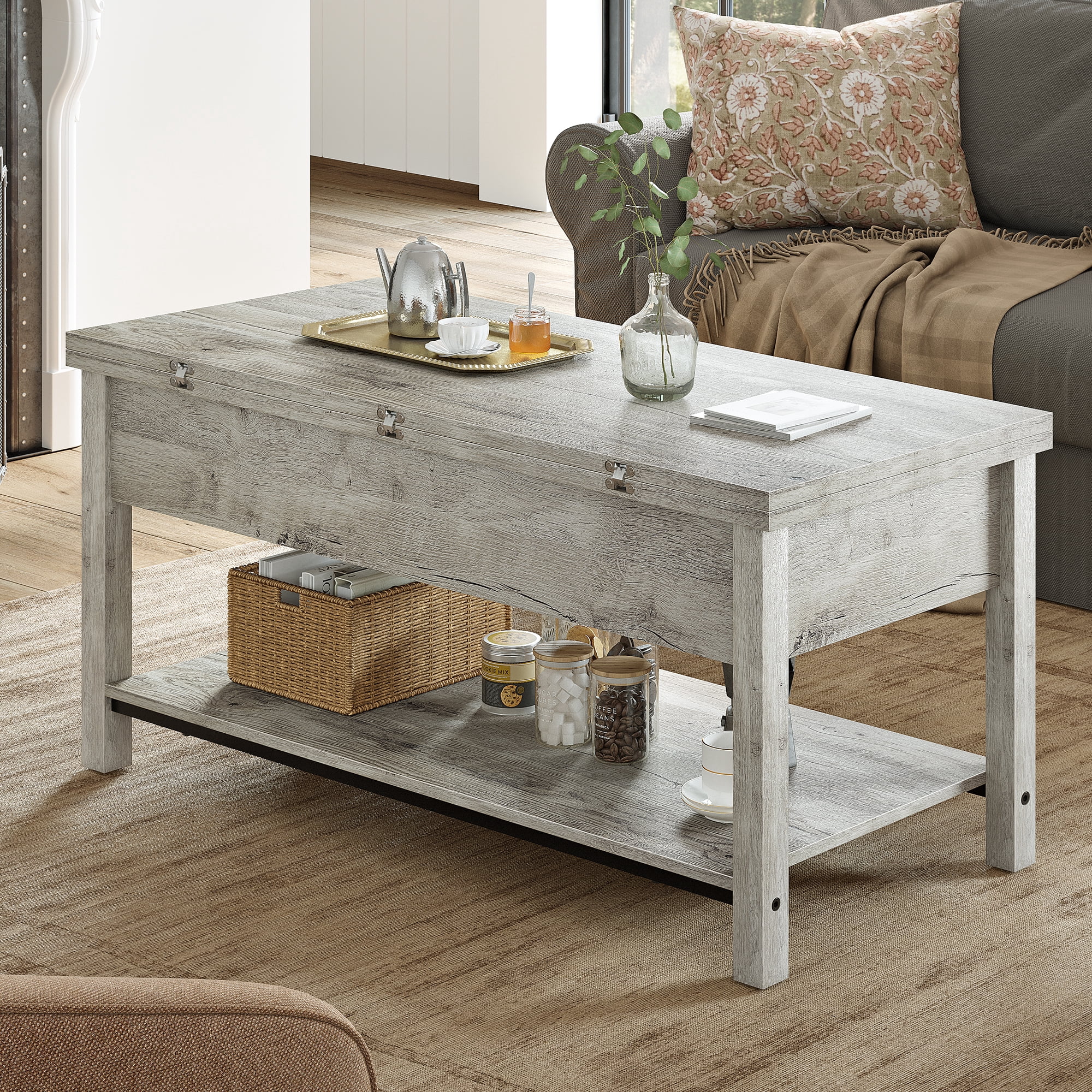 GUNAITO Lift Top Coffee Table 4 in 1 Multi-Function Convertible Coffee Table with Storage, Modern Coffee Table Converts to Dining Table for Living Room, Grey