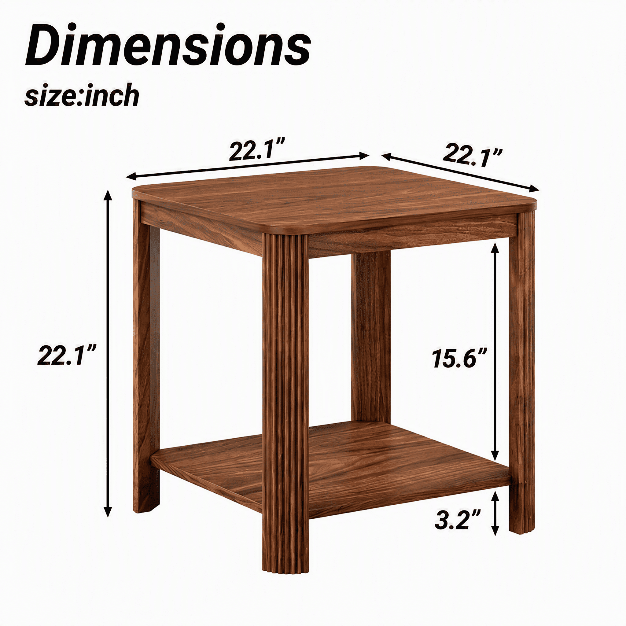2-Tier Square End Table with Rounded Corners, Vertical Wave Grain Legs Boho Side Table, 22.1 Inch Nightstand for Living Room Bedroom Small Spaces