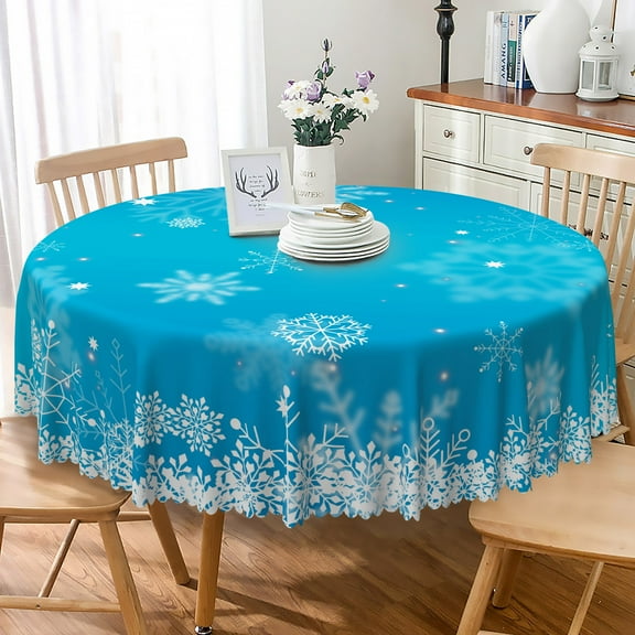 Nanqianyi Winter Snowflakes Tablecloth Round 70 Inch, Christmas Blue White Snow Circle Table Cloth for Kitchen Dining Decor