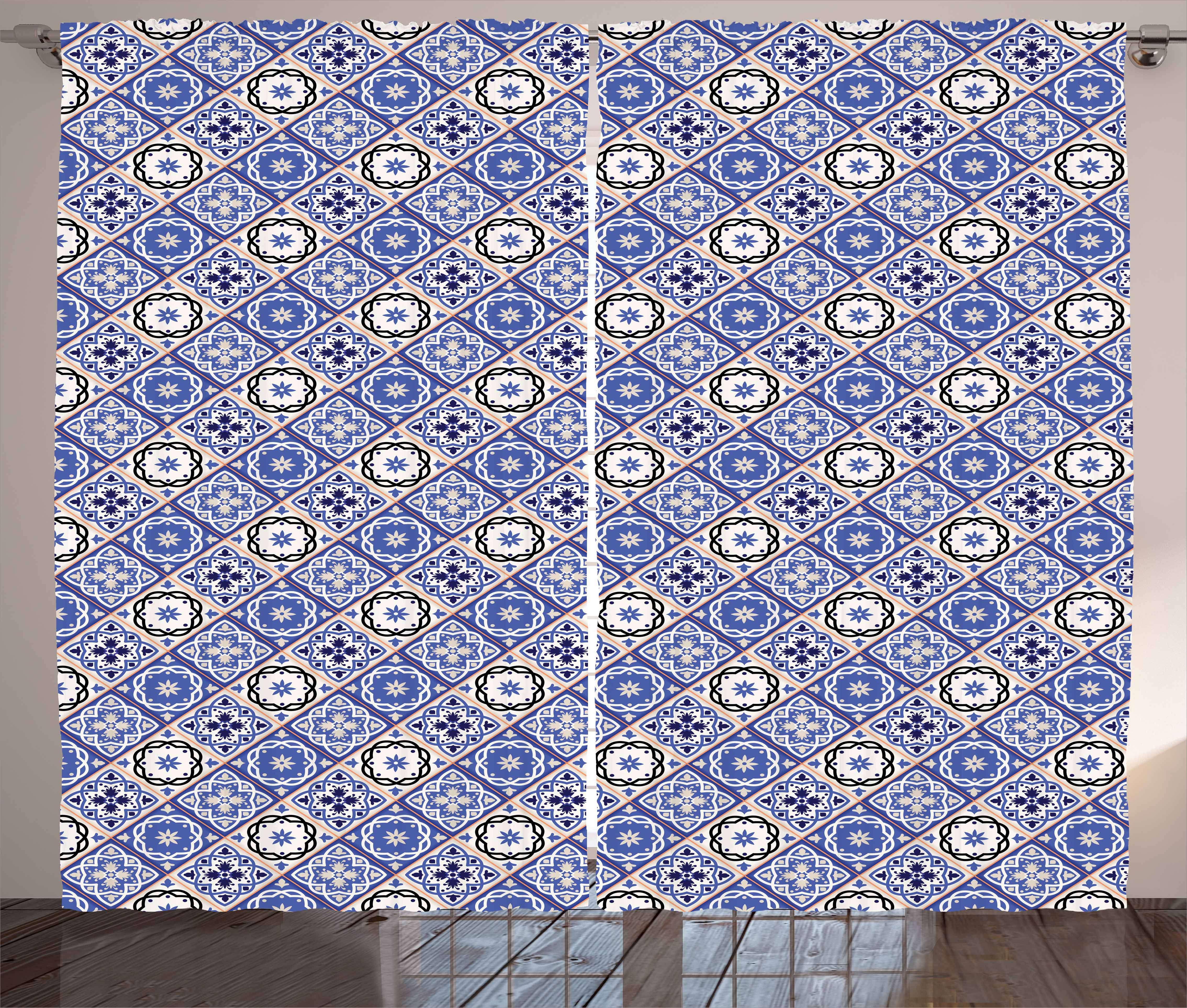 Moroccan Curtains 2 Panels Set Geometric Tile Squares With Middle