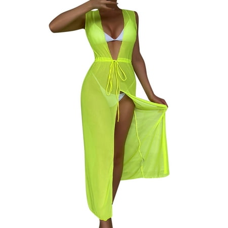 Huowey Women Bikini Drawstring Waist Knot Mesh Cover Up Without Lingerie V-Neck Split Fork Dress Beach Wrap Bikini Shiny Wraps Cover Ups For Swimwear Summer Beachwear Honeymoon Cruise Trendy Wear