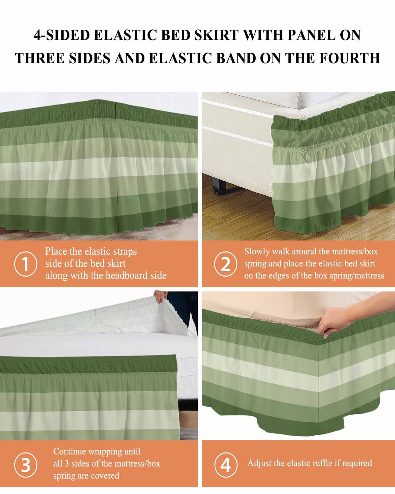Sage Green Bed Skirt Queen Size 16" Drop Ombre Stripe Ruffled Wrap Around Bed Skirts Adjustable Elastic Bedskirt Dust Ruffle for Queen Size Bed